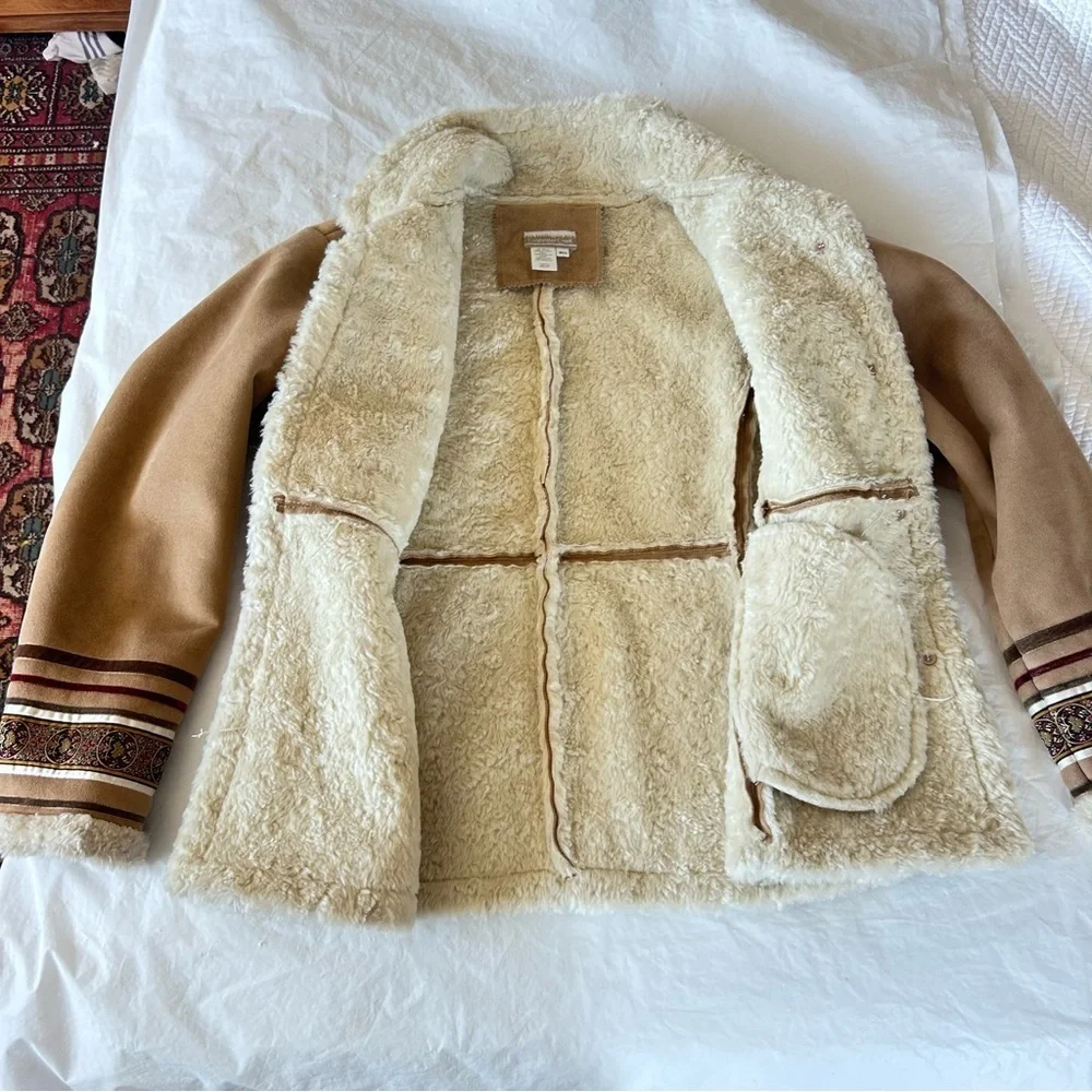 Vintage 90s Y2K Faux Suede Sherpa Lined Jacket Sz M Tan Coat Boho Phoebe Buffay